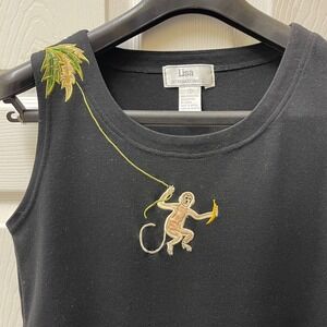 Vintage Lisa International Women's Small Black Embroidered Beaded Monkey